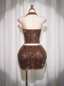 SHEIN ICON Plus Size Burgundy Sequin Halter Backless Blouse, Suitable For Party, Sexy Sequin Party Top Elegant Women's Blouses - Burgundy - View 2