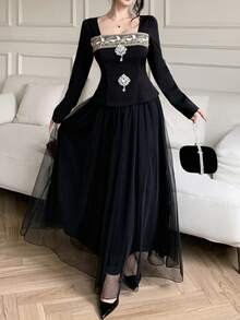 Celisse Women's Solid Color Vintage Lace Patchwork Rhinestone Decor Top + Mesh Skirt 2-Piece Set - Black - View 5
