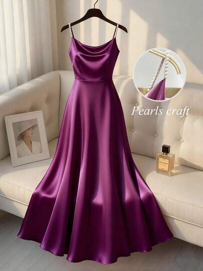 SHEIN Franclia Women's Elegant Satin Pearl Slip Dress With A-Line Silhouette, Suitable For Commute, Party And Events