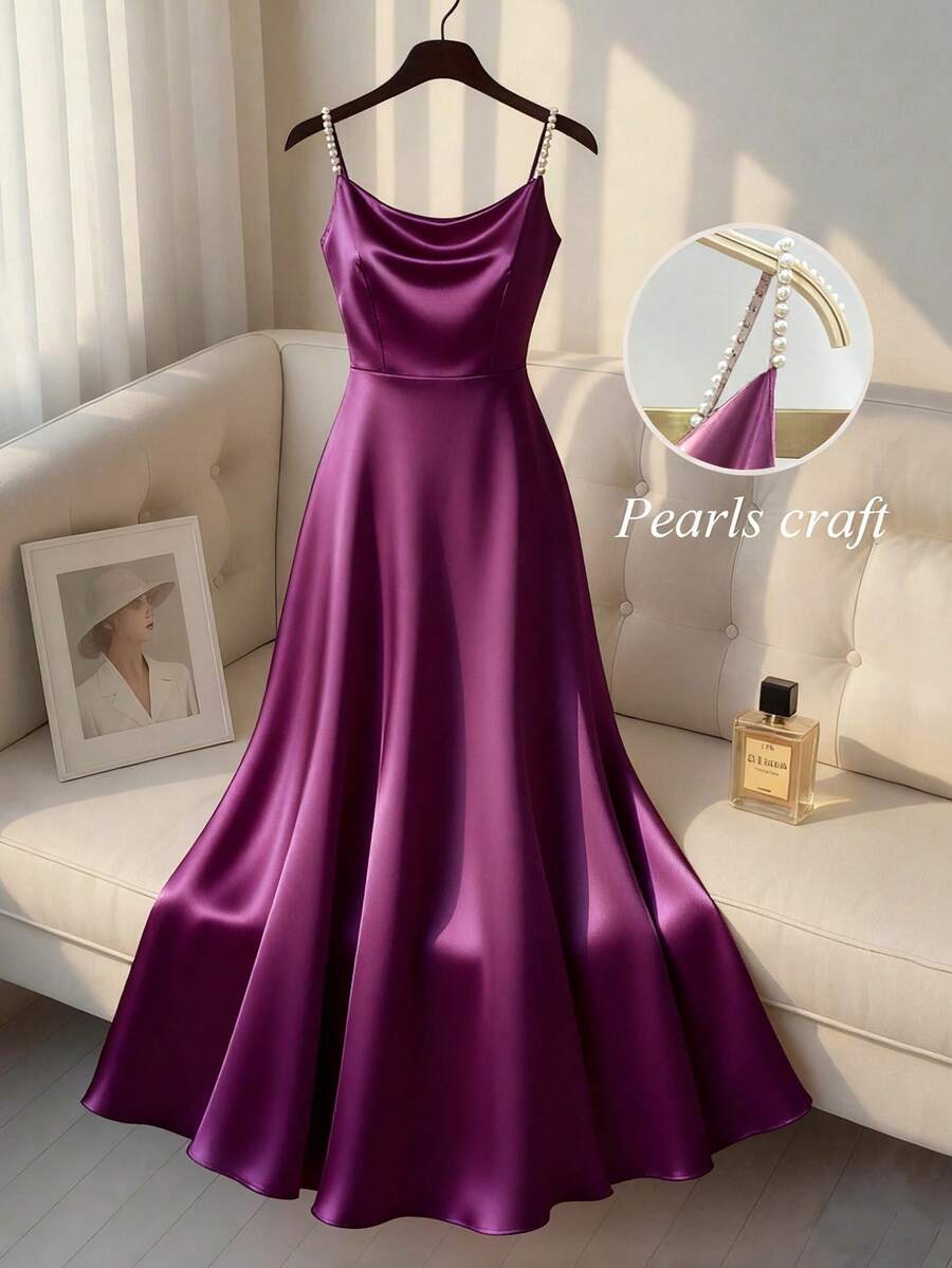 SHEIN Franclia 女士优雅缎面珍珠吊带裙，A 字廓形，适合通勤、派对和活动 - 紫色 - 查看 1