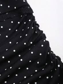 Sweetra New Winter French Fashion Polka Dot Lace Ruffle Bow Design Office Commute Everyday Cute Sweet Style Strapless Bodycon Cinched Waist Tiered Hem Black Elegant Ladies Dress
