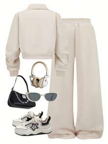 SHEIN Autumn/Winter Women's Casual Fashion Creative Personalized Fresh Minimalist Label Graphic Letter Print Crew Neck Half Zip Sweatshirt And Straight Leg Pants 2 Piece Cozy Fall & Winter Outfit - Khaki - View 2