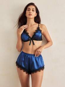 Charlaine Women's Contrast Lace Patchwork Spaghetti Strap Bow Decor Sexy Lingerie Set - Navy Blue - View 3