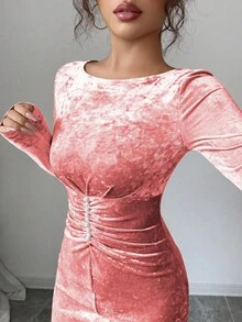 Elenzga Đầm midi bodycon nhung viền bèo nhún lãng mạn thanh lịch, cổ tròn tay dài - Bụi hồng - Xem 5