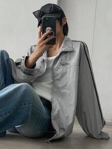 DAZY Chaqueta casual con bloques de color, rayas y estampado de letras para mujer - Gris - Ver 9