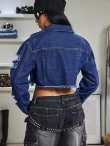 Jeanoix Chaqueta vaquera corta desgastada y lavada con flecos en azul - Azul lavado oscuro - Ver 2