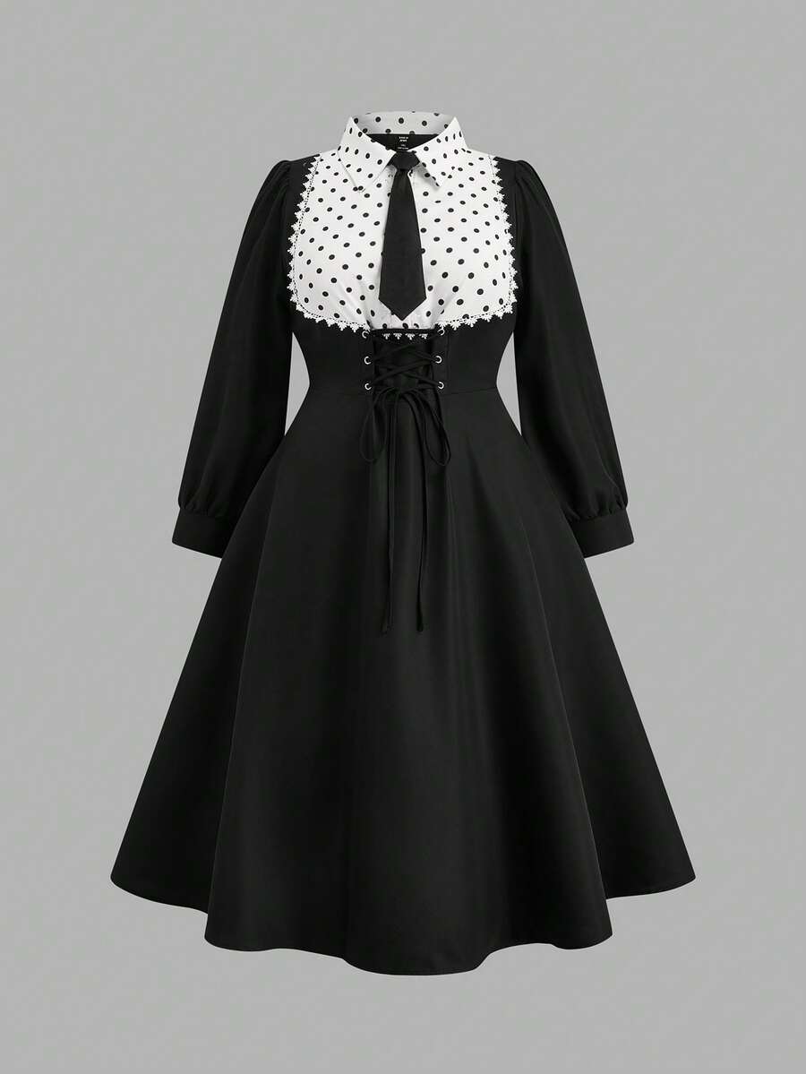 Sweetra Đầm chữ A tay dài khoét sâu chấm bi cổ chữ U màu tương phản có dây rút phía trước cỡ lớn dành cho nữ - Đen và trắng - Xem 1