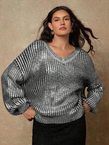 Freevana Damen Große Größen V-Ausschnitt Drop Shoulder Langarm Loose Pullover Pullover, Herbst/Winter - Schwarz - Übersicht 5