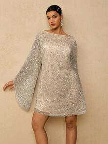 Freevana 大码女式亮片装饰船领休闲日常通勤长袖连衣裙 - 杏色 - 查看 6