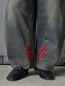 NEON BLANC Men's Casual Washed Red Webbing Curved Leg Denim Jeans Men Wide Leg Jean Drip Jeans - Blue - View 4