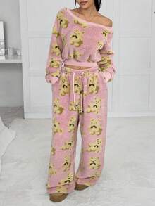 CovetEZ Bộ 2 món áo hoodie và quần dài họa tiết gấu hoạt hình màu hồng mới dành cho nữ mùa thu/đông - Hồng - Xem 3