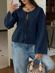 SHEIN EZwear 女士纯色前系带长袖休闲衬衫，秋冬季适合上学的上衣 - 藏蓝色 - 查看 4