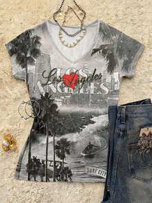 Glimmora 复古Y2K风格女式V领短袖印花T恤，舒适百搭，适合日常穿着，四季皆宜。 - 彩色 - 查看 3