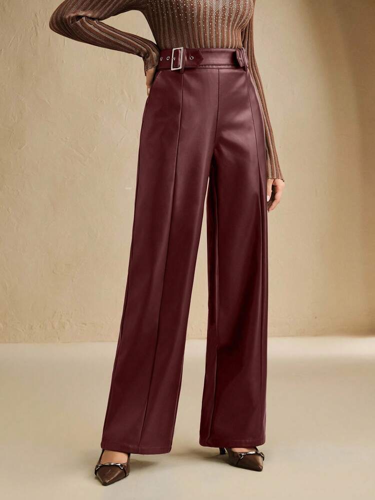 Women's Red Belted Slim Fit Straight Leg Long Faux Leather Pants, Fashionable For Party, Thanksgiving, Christmas