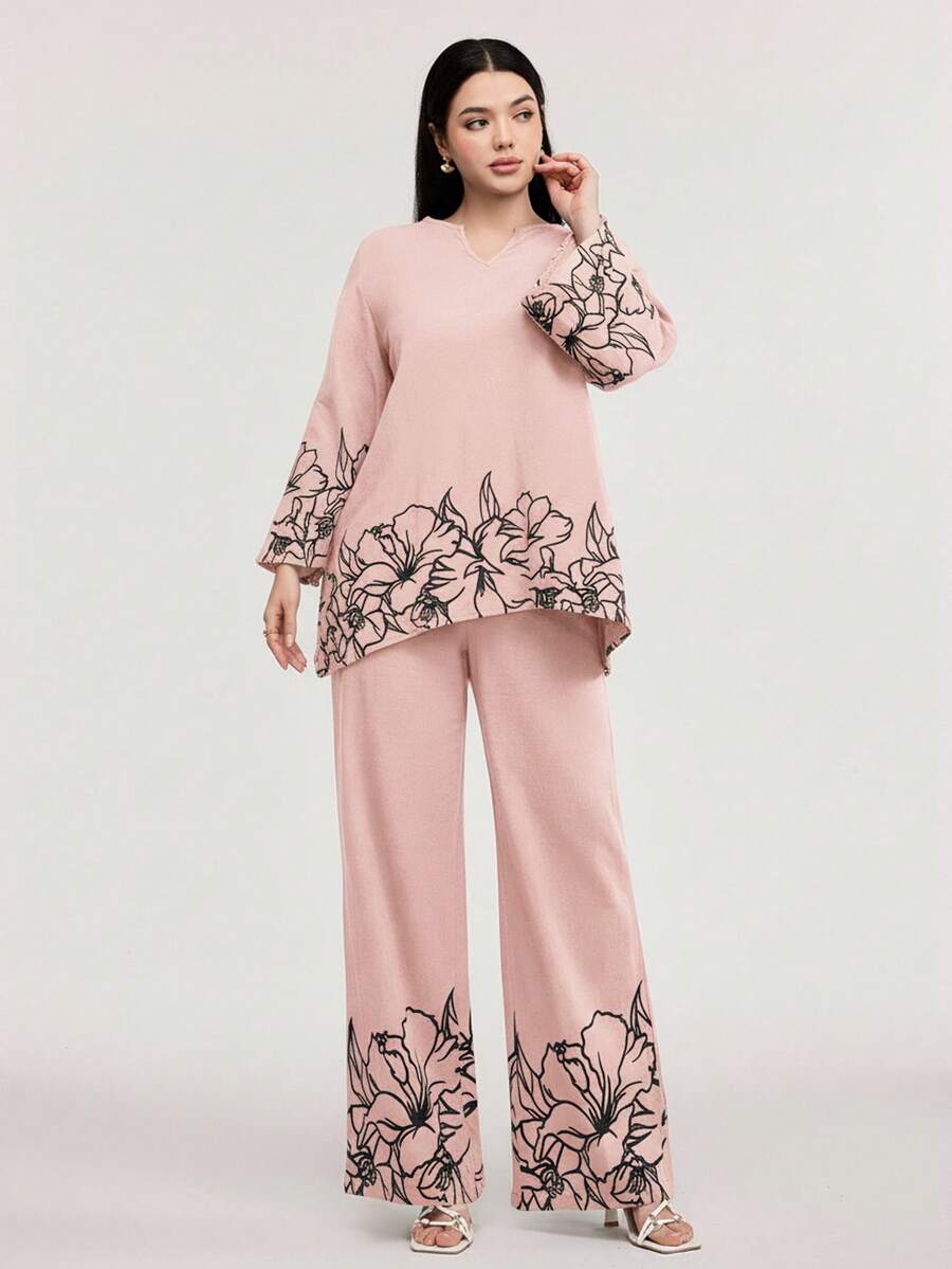 Veilorie 2 pièces Ensemble femme Top à manches évasées imprimé floral avec col en V échancré et pantalon - Rose bonbon - Voir 1