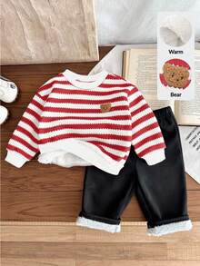 LMoss Kids 男婴条纹圆领卫衣长裤两件套，保暖加厚，秋冬季 - 紅色 - 查看 5