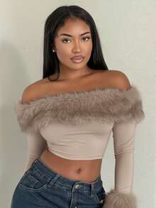 Alexandranx Áo crop top tay dài trễ vai thời trang cho nữ Áo crop top tay dài trễ vai viền lông - Màu be - Xem 6
