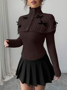 Elenzga Women's Mock Neck Bowknot Cape Sweater With Button Design - Coffee Brown - View 4