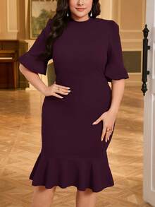 SHEIN Privé Plus Size Women's Spring/Summer Casual Elegant Office Commute Knowledgeable Puff Sleeve Bodycon A-Line Mid-Thigh Dress,Formal Dresses For Women - Brown - View 3