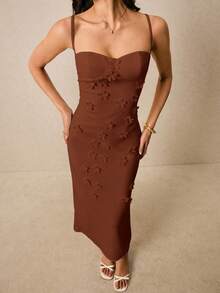 Poéselle 女士优雅通勤纯色3D立体花卉装饰吊带连衣裙 - 棕色 - 查看 6