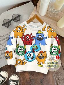 SHEIN 男婴休闲卡通图案宽松圆领柔软针织套头连帽衫，适合秋冬季穿着 - 彩色 - 查看 1