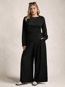Zelara Plus Size Women 2-Piece Set: Casual Solid Color Knit Asymmetric Hem Waist Ruched T-Shirt And Wide Leg Pants, Suitable For Spring And Autumn Daily Commute Black Top Black Blouse Id AI-Adha Spring Outfit Women Spring Break Outfits