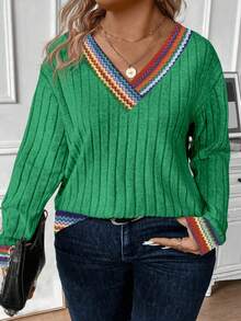 EMERY ROSE Women's Casual Colorful Striped Print Patchwork V-Neck Soft Plus Size Ribbed Knit Long Sleeve Sweatshirt, Plus Size, Autumn/Winter