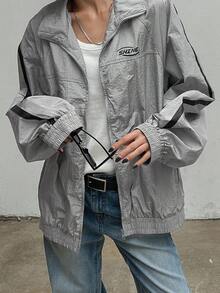 DAZY Chaqueta casual con bloques de color, rayas y estampado de letras para mujer - Gris - Ver 2