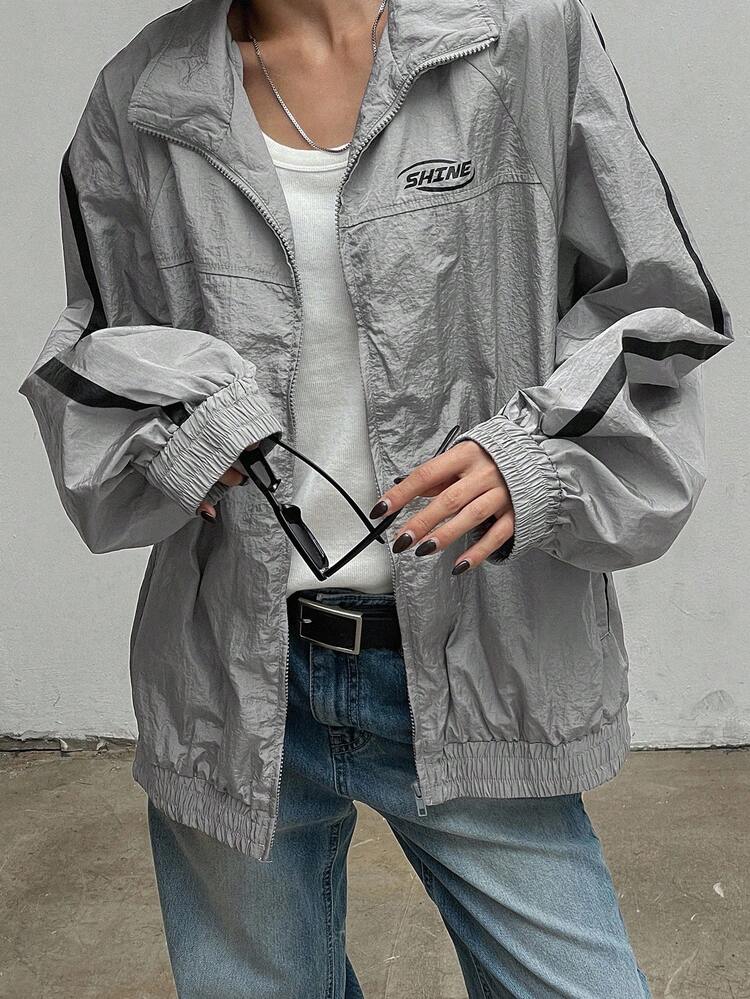 Women's Oversized Casual Colorblock Striped Letter Print Jacket Women Coats