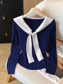 Resyla Women's Casual Minimalist Sailor Collar Long Sleeve Knit Sweater, Autumn/Winter - Navy Blue - View 1