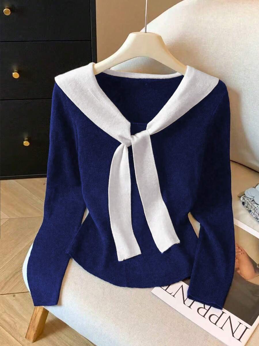 Resyla Women's Casual Minimalist Sailor Collar Long Sleeve Knit Sweater, Autumn/Winter - Navy Blue - View 1