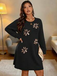 EMERY ROSE Robe pull en tricot élégante et décontractée pour femmes grandes tailles, de couleur unie avec col rond, broderie de sequins. Convient pour Noël, Halloween, la rentrée, les vacances romantiques et le bureau - Noir - Voir 1