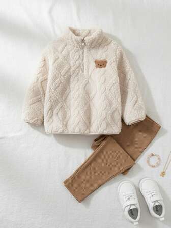 THE HAPPY LOOK 2pcs/Set Young Girl Cartoon Bear Pattern Fleece Crew Neck Long Sleeve Half-Zip Pullover Sweatshirt And Elastic Waist Pants