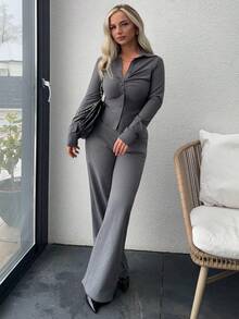 Jeta Ari 女士秋冬新款办公室通勤日常装 V 领褶皱胸领单排扣修身长袖白色衬衫 - 灰色 - 查看 1