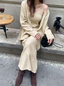 DAZY 2pcs Women V-Neck Camisole Dress & Loose Cardigan Sweater Set - Apricot - View 4