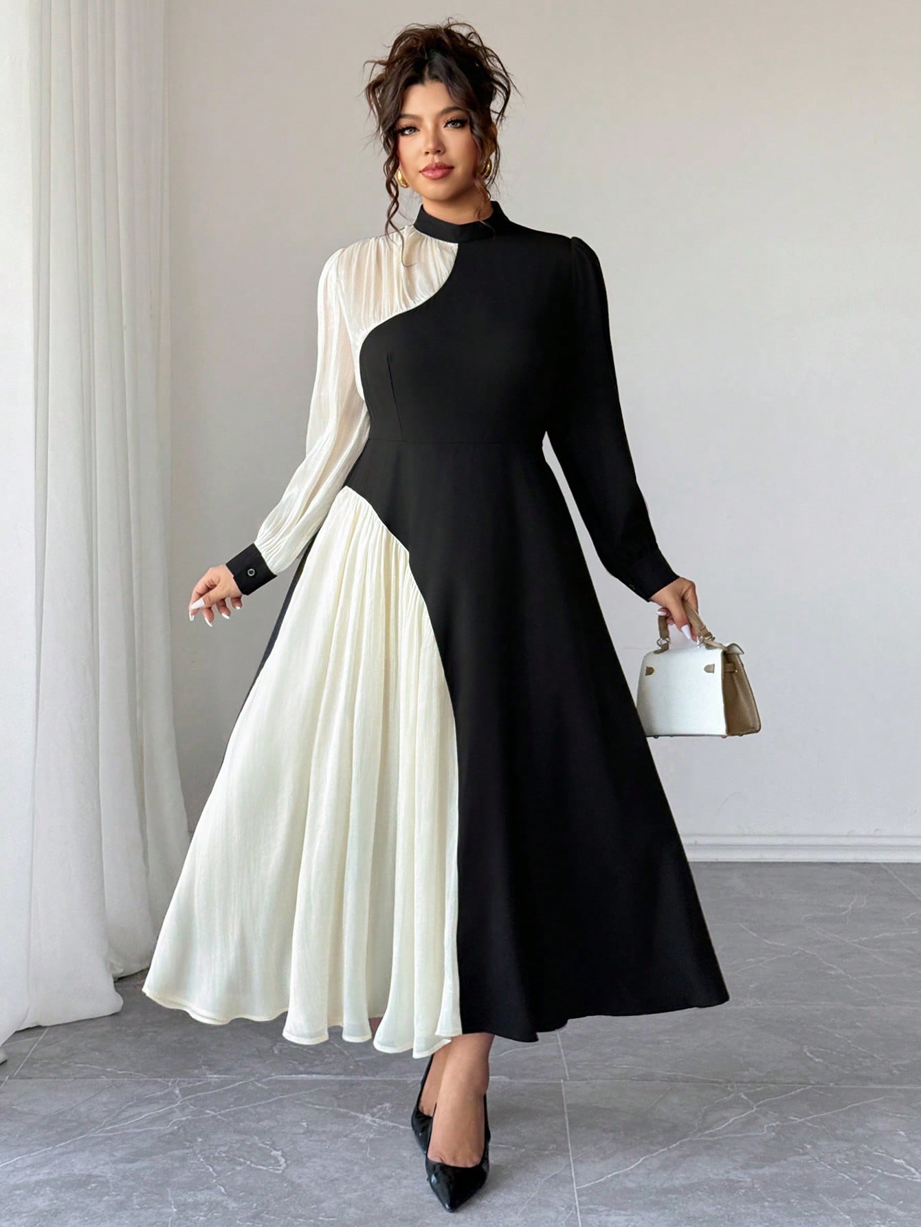 SHEIN Elenzya فستان أنيق طويل الأكمام مجعد بألوان...