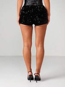 MISSGUIDED High Waist Sequined Party Shorts With Elastic Waistband For Evening Events And Special Occasions - Black - View 2