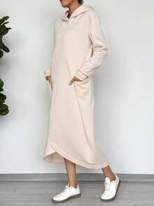 EMERY ROSE 女士休闲宽松法式慵懒连帽卫衣连衣裙 - 卡其色 - 查看 4