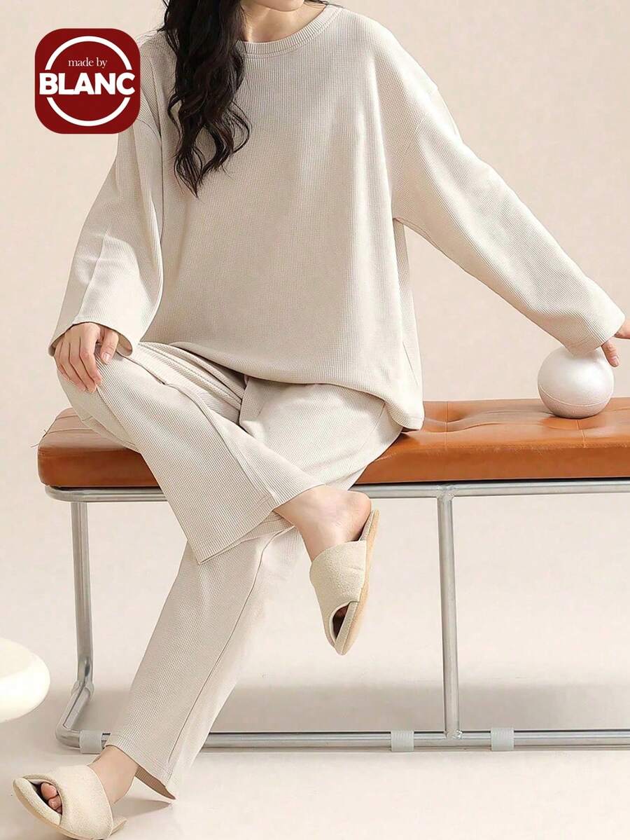 2 件套女士 4 季华夫格纹理休闲纯色睡衣家居服套装，含长袖上衣和裤子，春/秋/冬，两件套舒适服装，秋季服装