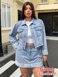 SHEIN ICON 大码高腰修身牛仔A字裙 - 淺色水洗藍 - 查看 1