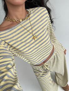 Aloruh 女士休闲家居睡衣套装，露肩长袖T恤搭配宽松条纹直筒裤，适合日常穿着、运动、秋冬季节以及返校季穿着，撞色条纹两件套 - 黃色 - 查看 3