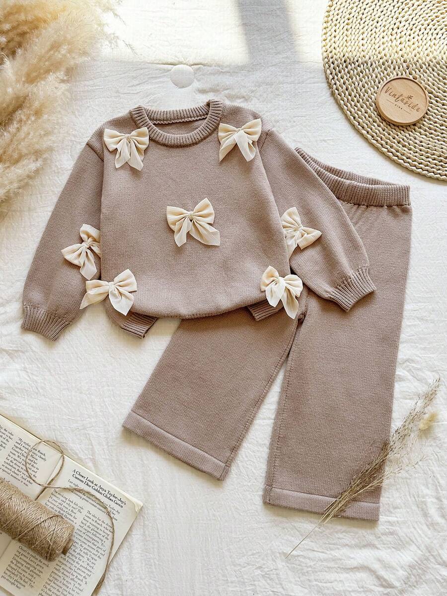 Vintaside Kids Girls Cute Bow Knitted Sweater Paired With Casual Straight Pants, Suitable For Home, Outings, And Parties - Khaki - View 1