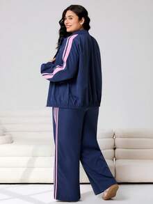 SHEIN EZwear Plus Size Contrast Stripe Knit Top And Pants 2 Pieces Set - Blue - View 2