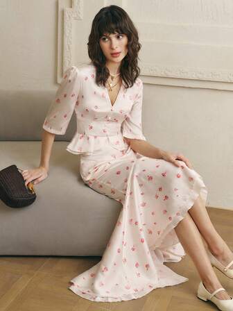 Cévolie 2pcs/Set Ditsy Floral Romantic Ruffle Hem Blouse And Skirt