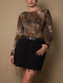 Freevana 大码女式休闲修身圆领长袖上衣 - 咖啡棕 - 查看 6