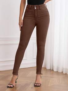 EMERY ROSE Blugi minimalisti de culoare solidă, croială slim fit, casual, versatili, pentru femei - cafea maro - Vizualizare 3