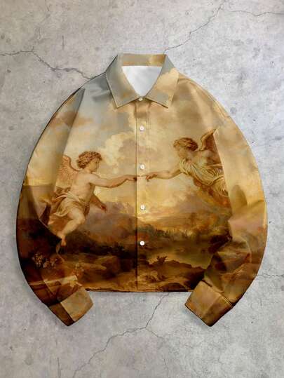 StoneGrade Renaissance Classic Angel Action Casual All-Over Print Loose Fit Short Sleeve Shirt, Unisex Style Suitable As Gift For Boyfriend