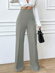 EURMUSE Women's Solid Color High Waist Toothpick Striped Design Straight Loose Casual Pants - Mint Green - View 3