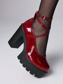 ROMWE Goth 女士闭趾交叉绑带玛丽珍鞋，朋克哥特风厚底厚跟绑带正式工作高跟鞋 - 酒紅色 - 查看 3