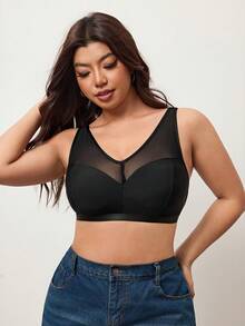 Enliva Top sexy la modă, din plasă transparentă, model patchwork, pentru femei de mărime mare, pentru forme rotunjite ale corpului - Negru - Vizualizare 5